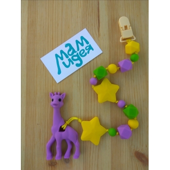 Силиконовый прорезыватель с держателем Звездное Сафари, фиолетовый