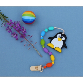 Силиконовый прорезыватель с держателем Пингвин