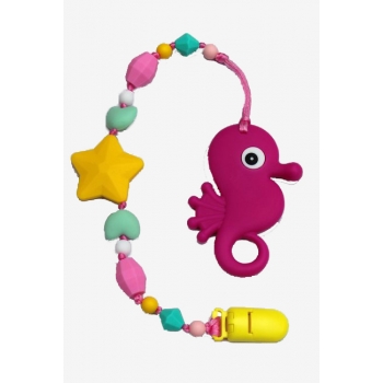 Силиконовый прорезыватель с держателем Океан, фуксия