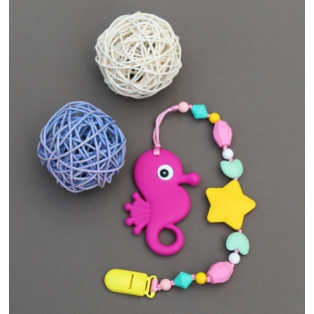 Силиконовый прорезыватель с держателем Океан, фуксия