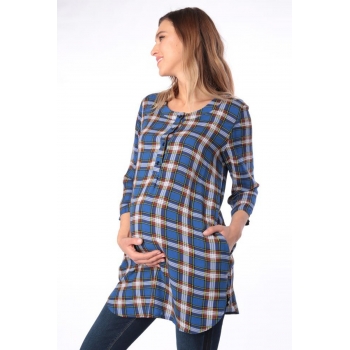 Блуза-рубашка для беременных в клетку, синяя