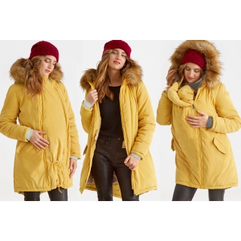 Слингокуртка зимняя - парка для беременных 3 в 1 с мехом, горчичная