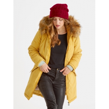 Слингокуртка зимняя - парка для беременных 3 в 1 с мехом, горчичная