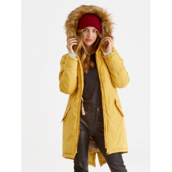 Слингокуртка зимняя - парка для беременных 3 в 1 с мехом, горчичная