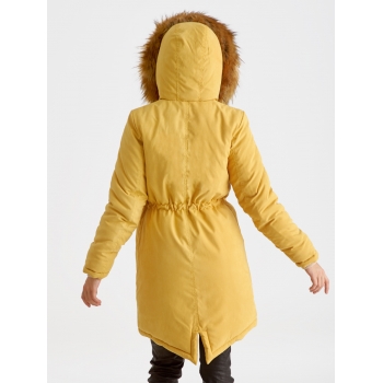 Слингокуртка зимняя - парка для беременных 3 в 1 с мехом, горчичная