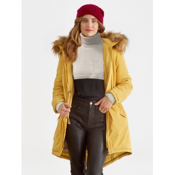 Слингокуртка зимняя - парка для беременных 3 в 1 с мехом, горчичная