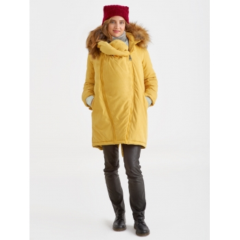 Слингокуртка зимняя - парка для беременных 3 в 1 с мехом, горчичная