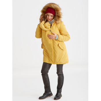 Слингокуртка зимняя - парка для беременных 3 в 1 с мехом, горчичная