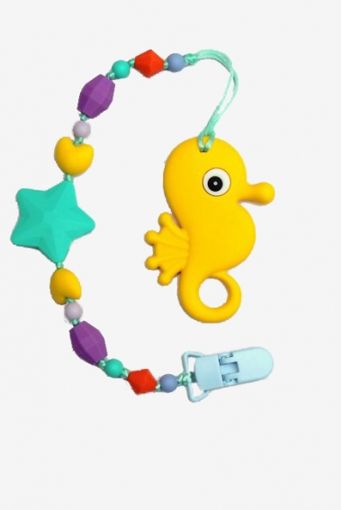 Силиконовый прорезыватель с держателем Океан, желтый