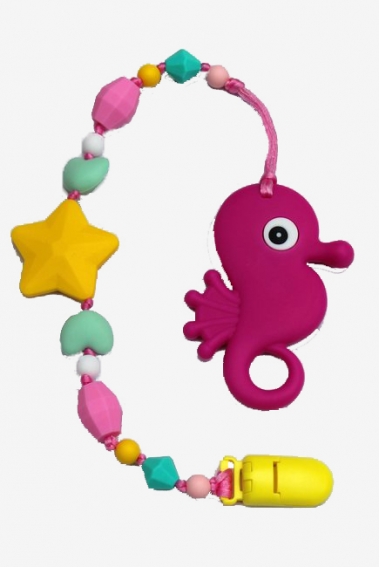 Силиконовый прорезыватель с держателем Океан, фуксия