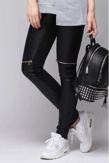 Брюки для беременных и родивших из эко-кожи универсальные, черные с декоративными молниями