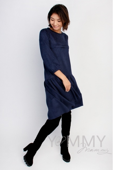 Замшевое платье для беременных и кормящих с воланом, темно-синее