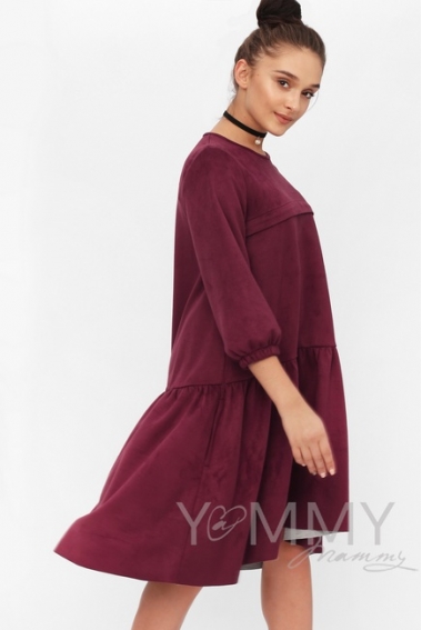Замшевое платье для кормящих и беременных с воланом, марсала