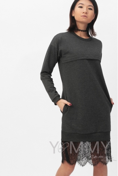 Платье для кормящих и беременных с кружевом, темно-серый меланж