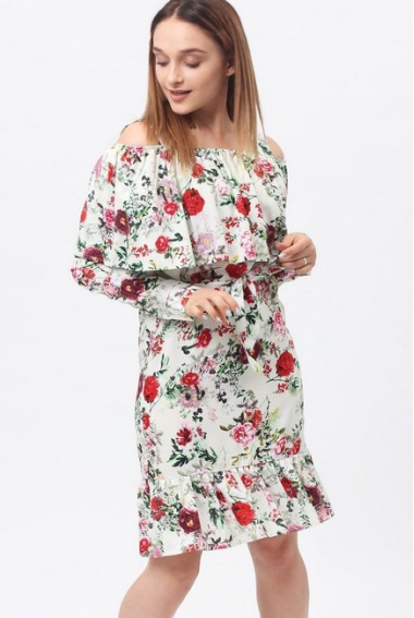 Платье для беременных и кормящих с воланом и длинным рукавом, цветочный принт