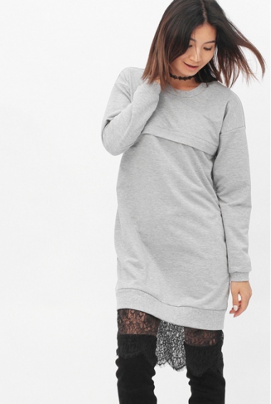 Платье для кормящих и беременных с кружевом, серый меланж