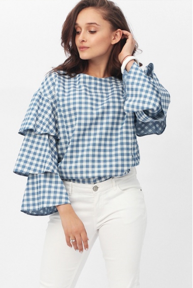 Блуза для кормящих и беременных джинс с воланами на рукавах, голубая в клеточку