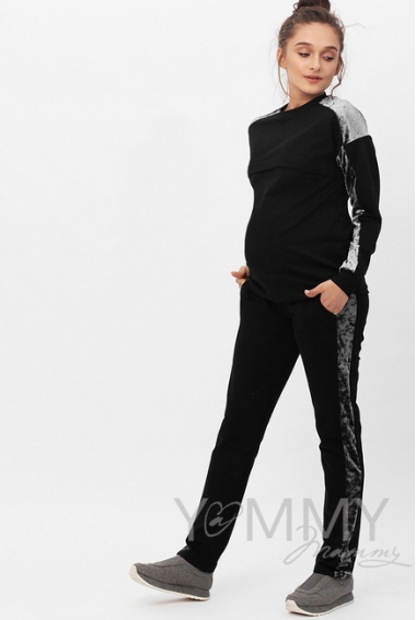 Костюм для беременных и кормящих с отделкой из велюра, черный