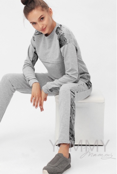 Костюм для кормящих и  беременных с отделкой из велюра, серый меланж