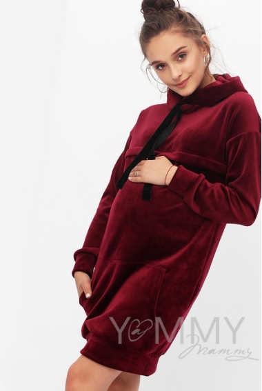Платье-толстовка для кормящих и беременных с капюшоном из велюра, цвет марсала