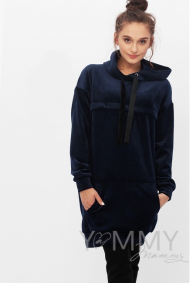 Платье-толстовка для беременных и кормящих с капюшоном из велюра, цвет синий