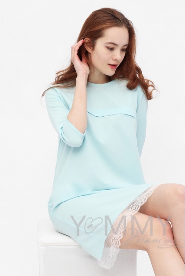 Платье для кормящих и беременных с кружевом, небесно-голубое