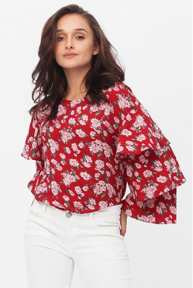 Блуза для кормящих и беременных в цветочный принт с воланами на рукавах, цвет красный