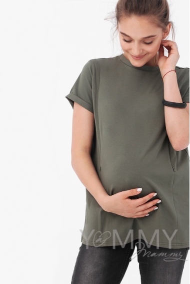 Футболка для беременных и кормящих с запахом на спине, цвет хаки