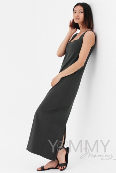 Платье для кормящих и беременных длинное с разрезом, хаки