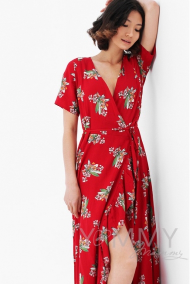 Платье для кормящих и беременных длинное на запах с цветочным принтом, красное