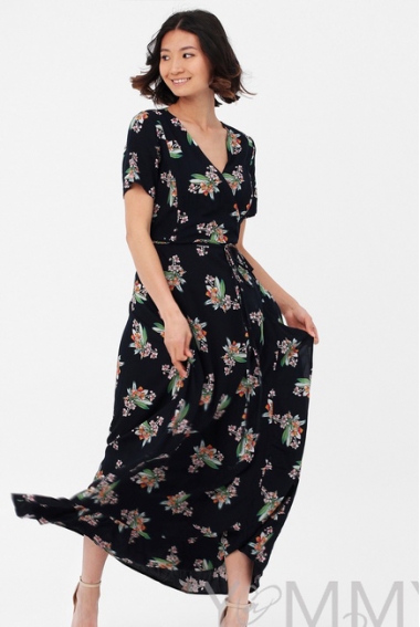 Платье для беременных и кормящих длинное на запах с цветочным принтом, темно-синее