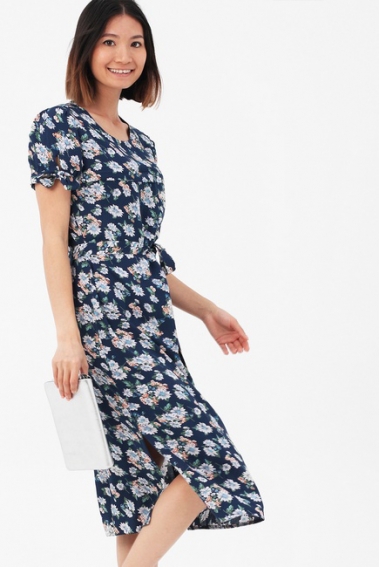 Платье для кормящих и беременных с пояском и цветочным принтом, цвет синий