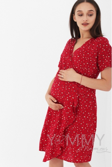 Платье для кормящих и беременных на запах с цветочным принтом, цвет красный