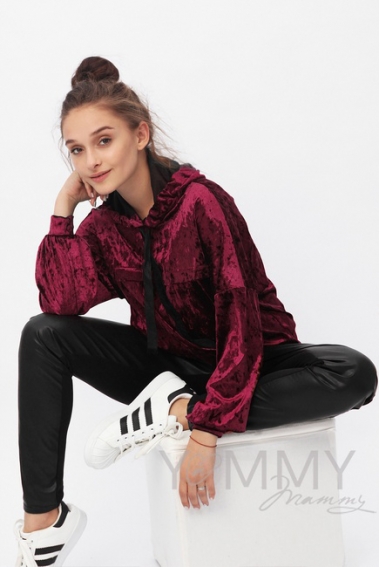 Толстовка для кормящих и беременных с капюшоном из велюра, цвет марсала