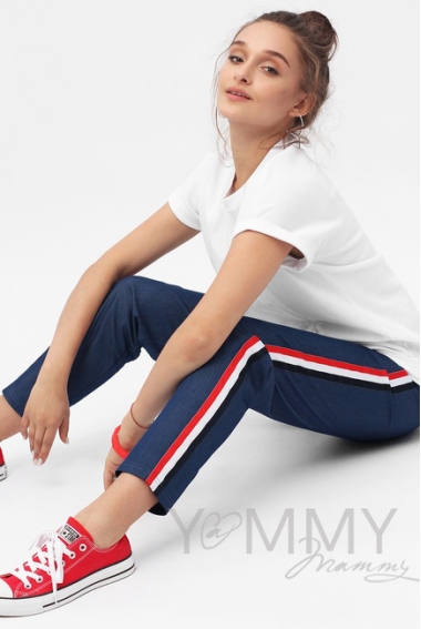 Брюки для беременных и кормящих универсальные джинс с лампасами, цвет синий