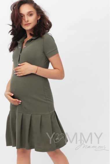 Платье для кормящих и беременных поло с воланом, цвет хаки