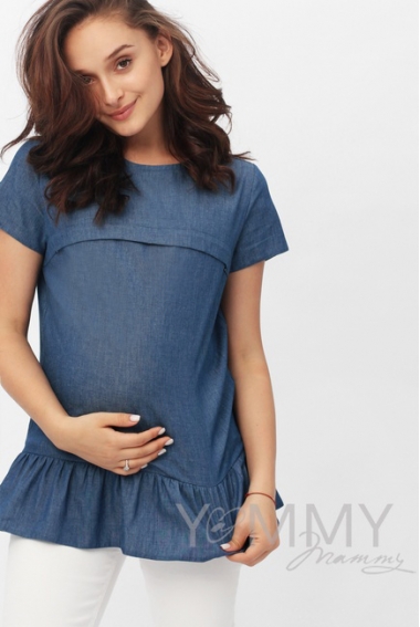 Блуза для беременных и  кормящих с воланом, деним