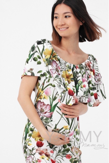 Платье "майка" для беременных и кормящих с воланом на плечах, цвет экрю / цветы