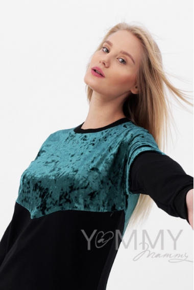 Джемпер для беременных и кормящих с велюром, черный/изумруд