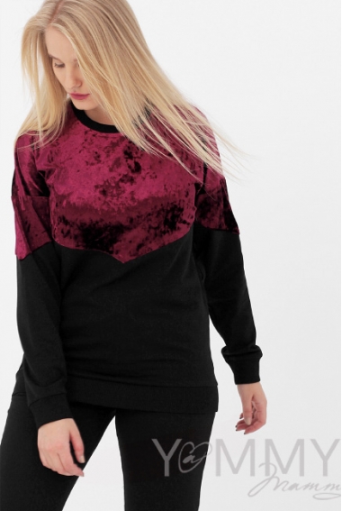 Джемпер для беременных и кормящих с велюром, цвет черный/бордо