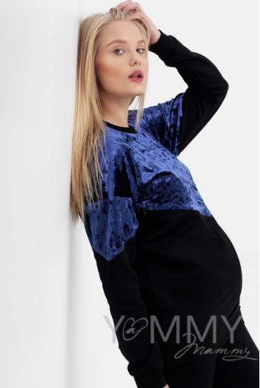 Джемпер для кормящих и беременных с велюром, цвет черный/синий