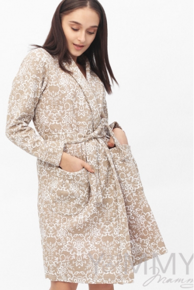 Халат для беременных и кормящих с цветочным принтом, бежевый