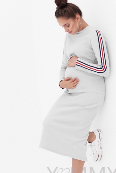 Платье для беременных и кормящих с лампасами, серое