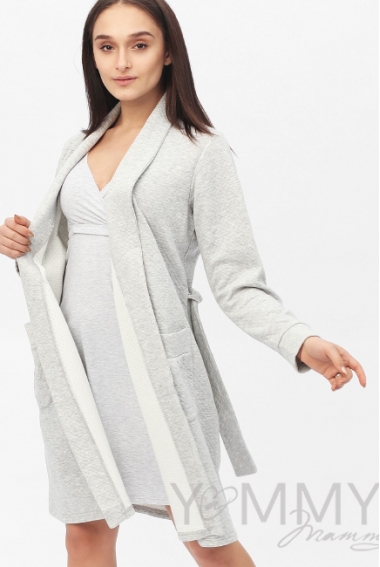Комплект для кормящих и беременных халат с сорочкой, серый меланж