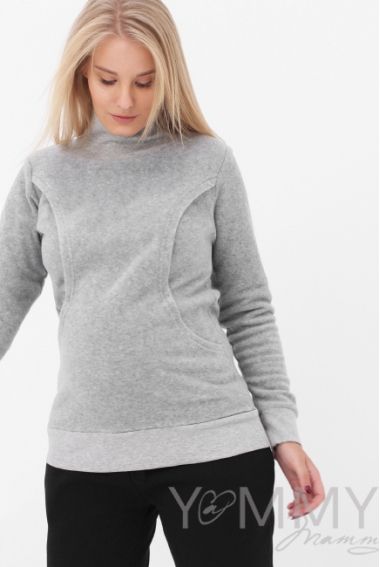 Джемпер для кормящих и беременных флисовый с высоким горлом, серый меланж