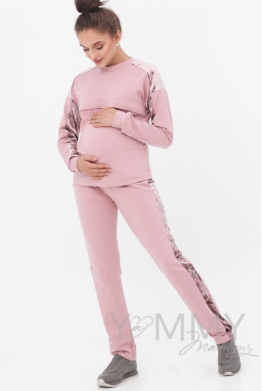 Костюм для кормящих и беременных с отделкой из велюра, розовый