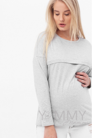 Лонгслив для кормящих и беременных с горизонтальной молнией, цвет серый меланж с блеском