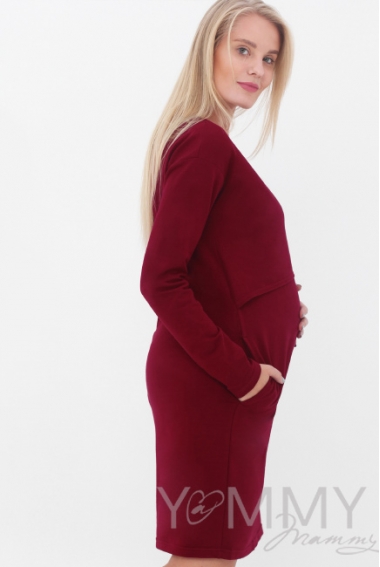 Платье для кормящих и беременных с длинным рукавом с карманами, марсала
