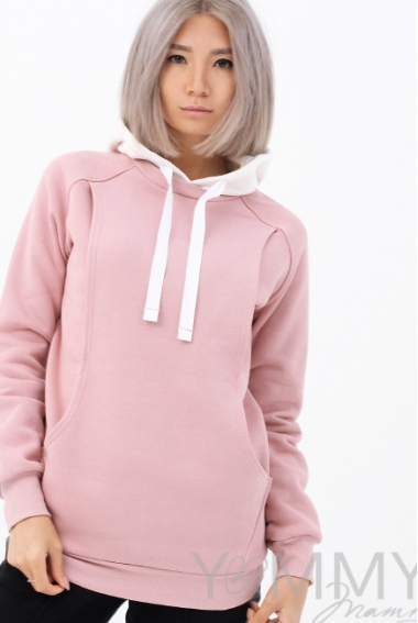 Толстовка для беременных и кормящих с капюшоном, пудрово-розовая