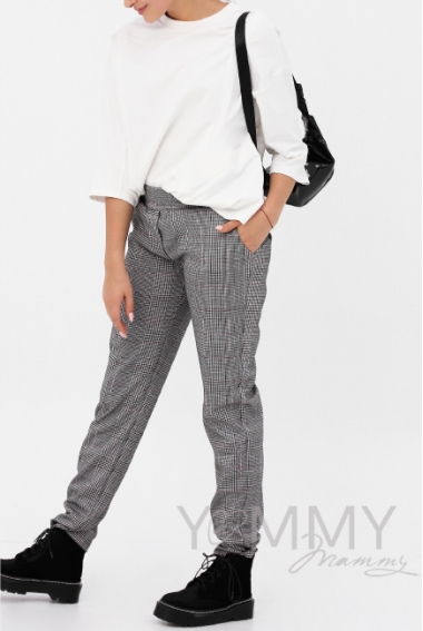 Брюки для беременных и кормящих универсальные в клеточку, серые